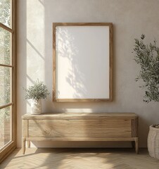 Minimalist Wooden Frame on Scandi Sideboard in Serene Living Room