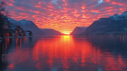 Fotobehang Fiery Sunset over Snowy Mountain Lake Village © BloomArt