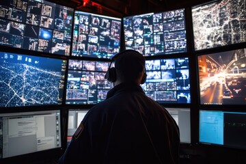 A cybersecurity analyst monitoring network threats on multiple screens