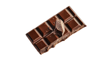 Chocolate bar wafer falling with choc flake in the air isolated on background, peanut crispy snack, dessert sweet concept, piece of dark chocolate.