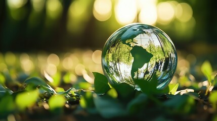 Transparent glass globe with South America map on it, placed on green leaves under sunlight, ideal as wallpaper.