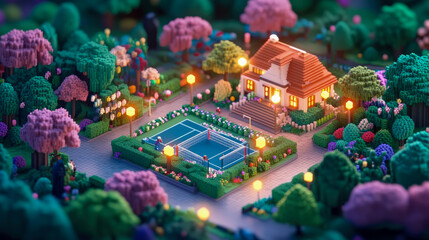 Miniature Voxel World: Suburban Serenity with Tennis Match and Quaint Cottage, Print design, poster, card