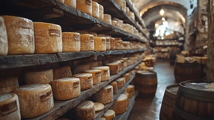 Artisan cheese aging on wooden shelves, rustic cellar environment, soft warm light