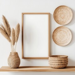 wooden shelf against a white wall. On the shelf, there is a rectangular wooden frame with a blank white background 