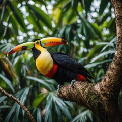 A colorful toucan perched on a branch with lush green jungle foliage.v  A vibrant toucan perched on a branch in a lush tropical rainforest, surrounded by waterfalls and sunlight streaming through the 