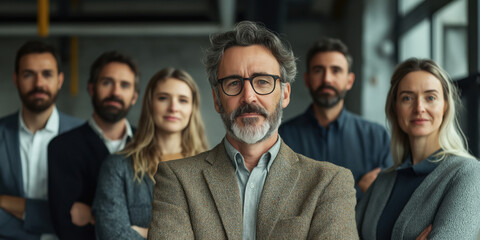 Group of handsome influential independent men and women executives in the office standing together. The concept of strong and independent.