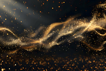 Glimmering golden particles swirling in dark background, creating an enchanting atmosphere