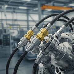 A hyper-realistic close-up of high-tech industrial machinery featuring metal valves, brass fittings, and hydraulic hoses. Ample space for text, ideal for manufacturing and process-related projects.