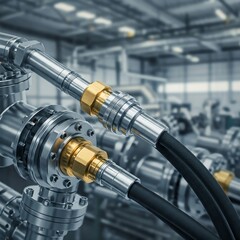 A hyper-realistic close-up of high-tech industrial machinery featuring metal valves, brass fittings, and hydraulic hoses. Ample space for text, ideal for manufacturing and process-related projects.