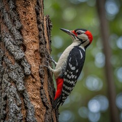 Capture a woodpecker perched on a tree trunk.  A woodpecker tapping on a tree trunk in an ancient forest. a woodpecker was hollowing out a tree
 