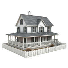 charming two story house with white exterior, gray roof, and spacious porch surrounded by white picket fence, perfect for family gatherings and outdoor relaxation