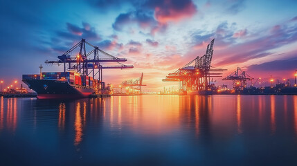 Fototapeta premium Container truck in ship port for business Logistics and transportation of Container Cargo ship and Cargo plane with working crane bridge in shipyard at sunrexport, transport, e commerce, loading dock,