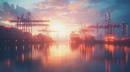 Obraz premium Container truck in ship port for business Logistics and transportation of Container Cargo ship and Cargo plane with working crane bridge in shipyard at sunrexport, transport, e commerce, loading dock,