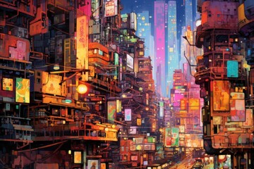 Obraz premium A Vibrant Futuristic Cityscape At Night