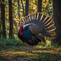 A majestic turkey with radiant, multicolored feathers standing in a sunlit meadow with wildflowers.  Wild turkey fanning its' feathers in the woods
