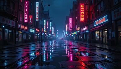 Neon Lights on a Dark Street Reflecting in Puddles, Creating a Moody and Futuristic Cityscape Atmosphere.-