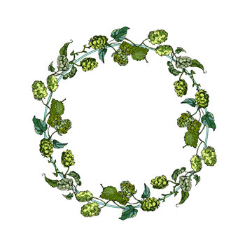 Circle frame with hops and wheat. Hand drawn round line border, leaves and flowers, wedding invitation and cards, logo design and posters template. Elegant minimal style floral.