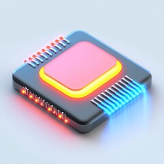 A futuristic microchip with a glowing design, featuring a pink center and illuminated edges in blue and red, set against a smooth background.