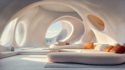 Salon intérieur rétro-futuriste blanc minimaliste