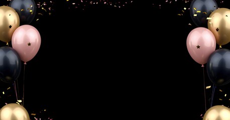 Festive celebration frame a collection of glossy black, gold, and pink balloons against a black background with scattered confetti.  For party invitations, event posters, or holiday promotions.