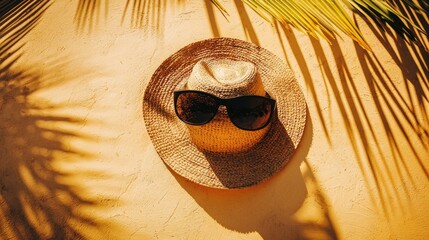 Obraz premium Straw hat, sunglasses, palm shadows, wall, summer vacation