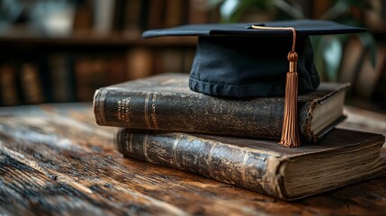 Obraz premium A neatly placed master s degree certificate on a wooden desk accompanied by a graduation cap and books creating an elegant and professional setup with soft lighting and copy space available