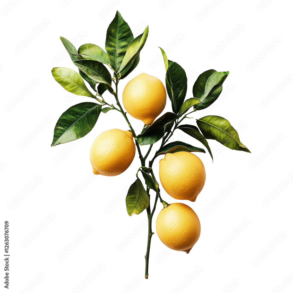 Poster Fresh lemons on branch with green leaves, showcasing vibrant yellow fruit. Perfect for culinary uses or as decorative element in various settings