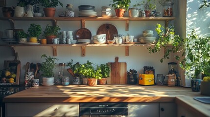 Cozy and Bright Kitchen with Wooden Shelves and Green Plants