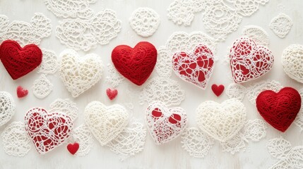 Fototapeta premium A Valentine's Day background featuring delicate lace patterns with red and white hearts, ideal for a romantic, vintage-inspired look.