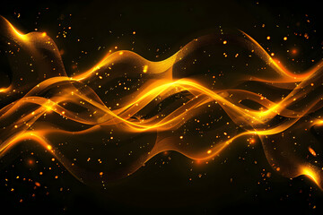 Obraz premium Abstract golden wave patterns with glowing particles on a dark background, ideal for design projects