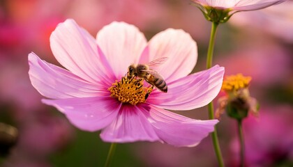 close up of a bee on pink cosmos flower