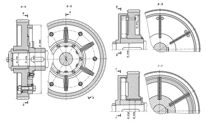 Engineering mechanical drawing of steel gear wheel 
(cogwheel, toothed wheel) of gearbox
with dimension lines. Industrial 
cad scheme on paper sheet. Technology background
of machine building industry