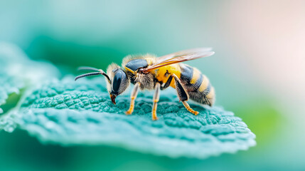 Naklejka premium A macro portrait of bee resting on a leaf