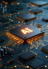 Glowing AI Microchip Processor on Futuristic Circuit Board – High-Tech Innovation