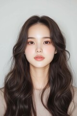 Fototapeta premium Portrait of a Young Woman with Glossy Lips and Long Flowing Hair
