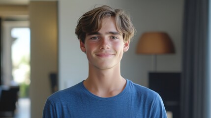 Fototapeta premium Young man smiling warmly, soft light enhancing his cheerful expression, minimal background.