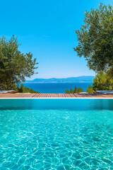 Fototapeta premium Luxurious infinity pool with wooden deck overlooking serene sea view, surrounded by lush greenery and clear blue skies, creating tranquil escape