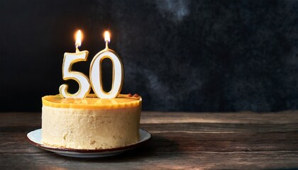 50th Anniversary candle lit on a cake with copy space
