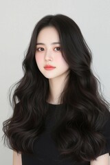 Fototapeta premium Portrait of a Young Woman with Glossy Lips and Long Flowing Hair