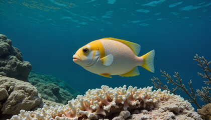 Obraz premium Vibrant yellow wrasse fish swimming near coral reef, contrasting with deep blue ocean