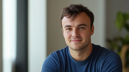 Young man smiling warmly, soft light enhancing his cheerful expression, minimal background.