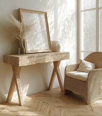 Scandinavian Living Room Interior with Wooden Console Table and Wicker Armchair