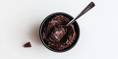 Fototapeta premium A glossy black bowl rests on a pristine white surface, cradling an indulgent mound of rich, dark chocolate that spills over one edge, beckoning with its decadent allure