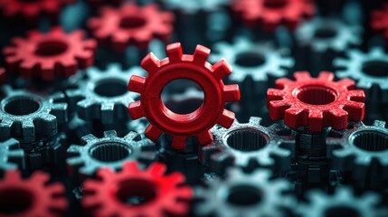 Red gear among gray gears, symbolizing uniqueness and innovation in engineering. This captures essence of creativity and problem solving in mechanical design
