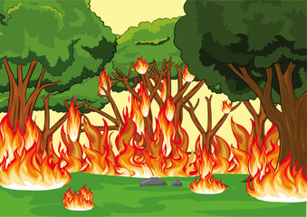 Forest wildfire disaster background with burning trees and grass. Danger fire in forest vector backdrop, ecology catastrophe or cataclysm background with bushfire, flaming trees © Alley