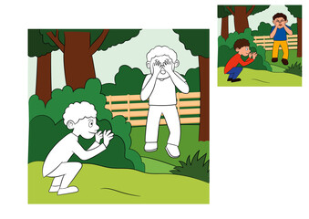 Two friends in park playing hide & seek