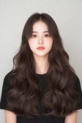 Fototapeta premium Portrait of a Young Woman with Glossy Lips and Long Flowing Hair