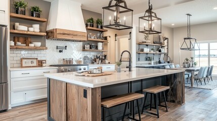 Modern kitchen with large island, farmhouse style and natural light