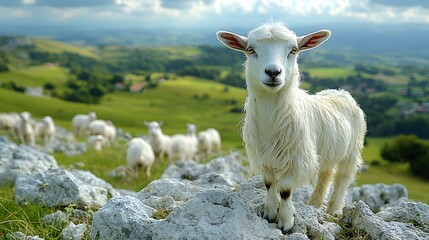 Obraz premium Goats climbing a rocky hill surrounded by lush green fields, rural farm scene