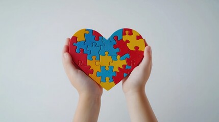 Obraz premium Hands holding a heart - shaped jigsaw puzzle with red, blue, and yellow pieces, symbolizing love and connection.